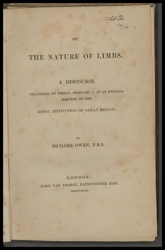 On the nature of limbs (Undetermined language, 1849, John Van Voorst)