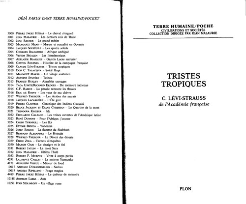 Tristes tropiques (French language, 1955, Librarie Plon)